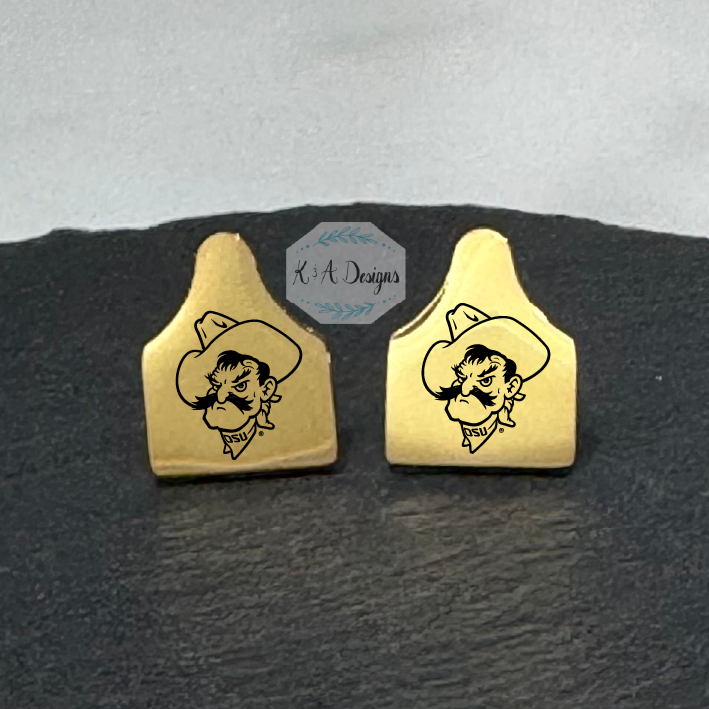 Pistol Pete's Mug Cow Tag Stud Earrings