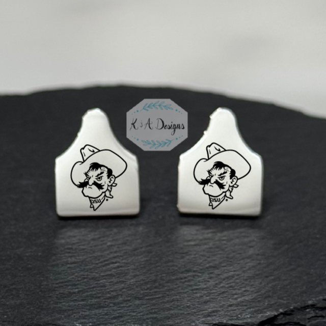 Pistol Pete's Mug Cow Tag Stud Earrings