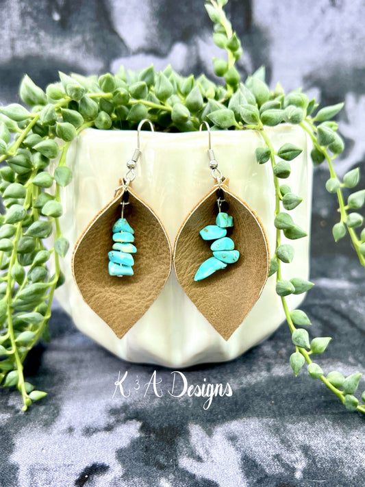 Leather and Stone Leaf Earrings