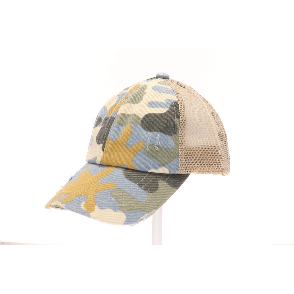 C.C Beanie Distressed Camouflage Criss-Cross High Ponytail
