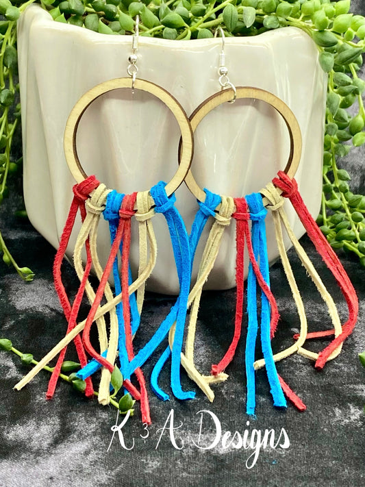 Circle Red, White, and Blue Suede Fringe Earrings