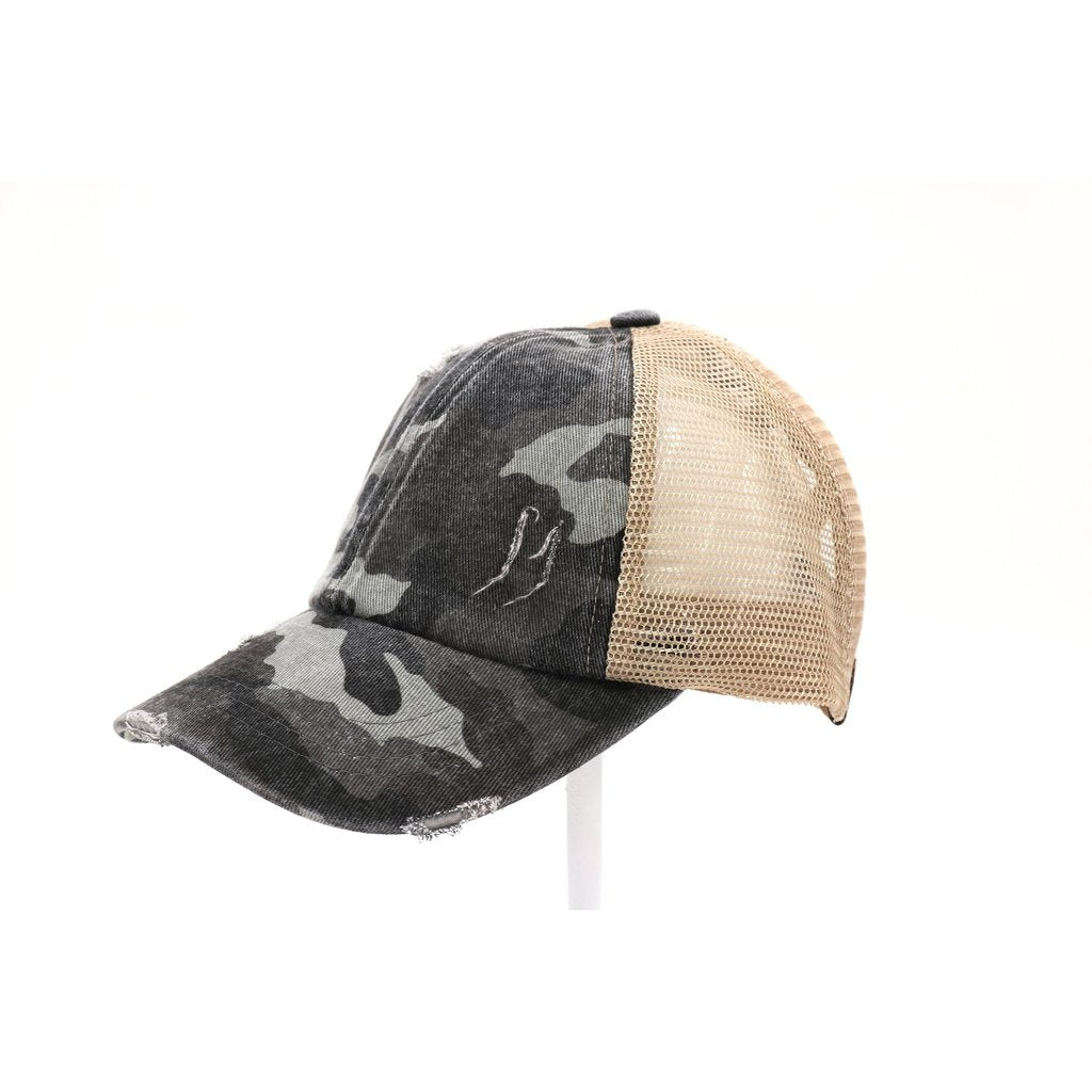 C.C Beanie Distressed Camouflage Criss-Cross High Ponytail