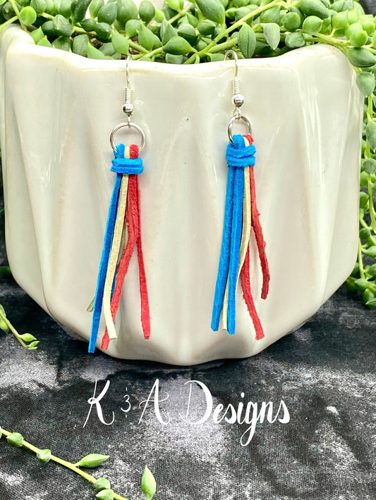 Red, White, and Blue Suede Fringe Earrings