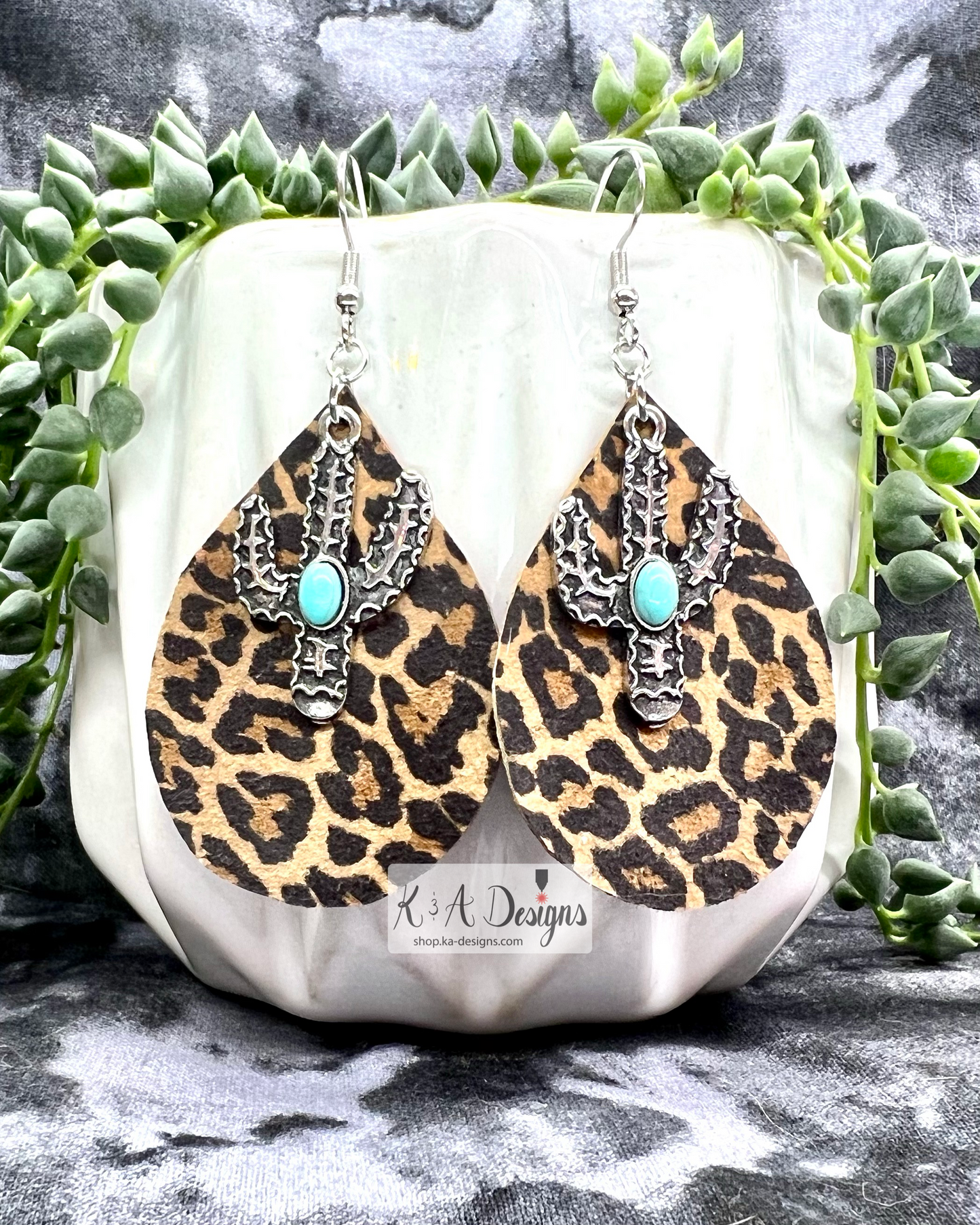 Leather Teardrop and Saguaro Earrings