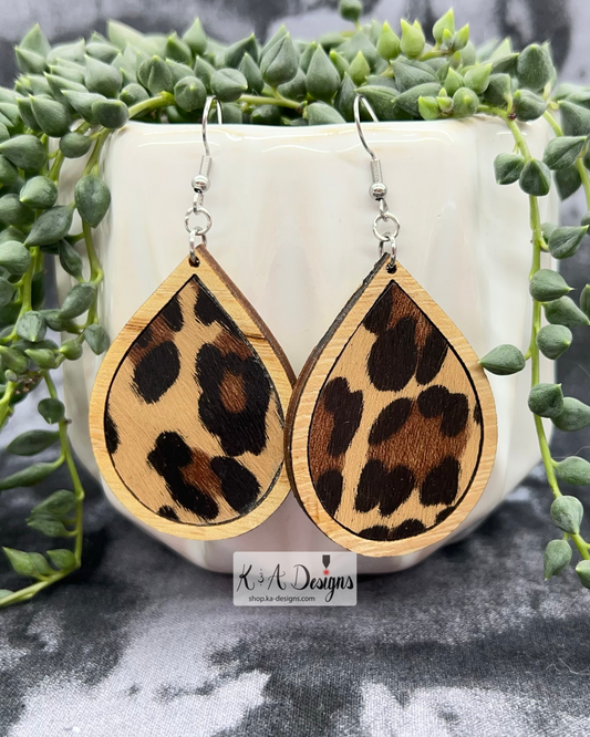 Leopard Leather & Wood Earrings