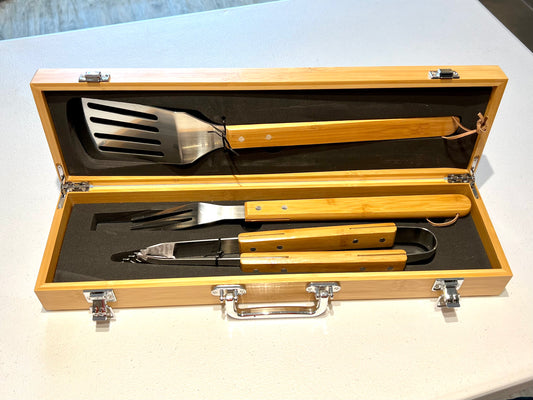 3-Piece Bamboo BBQ Set in Bamboo Case