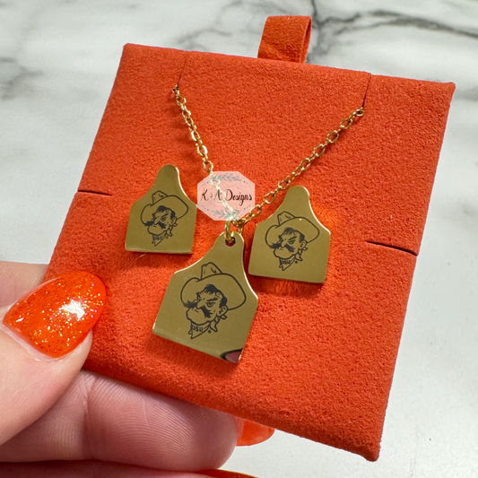 Pistol Pete's Mug Cow Tag Necklace & Stud Earrings Bundle