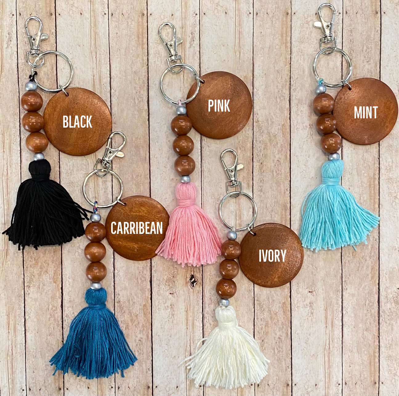 Wooden Bead and Tassel Keychain