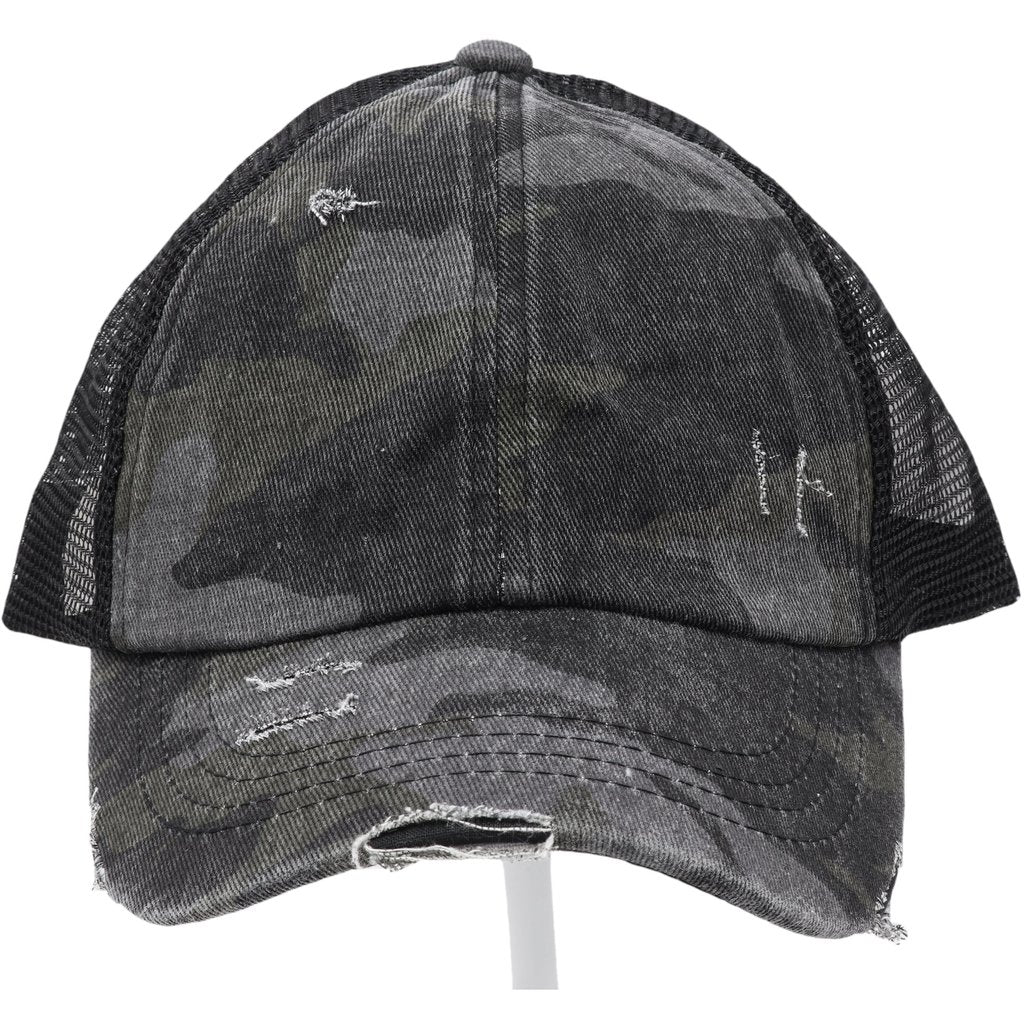 C.C Beanie Distressed Camouflage Criss-Cross High Ponytail