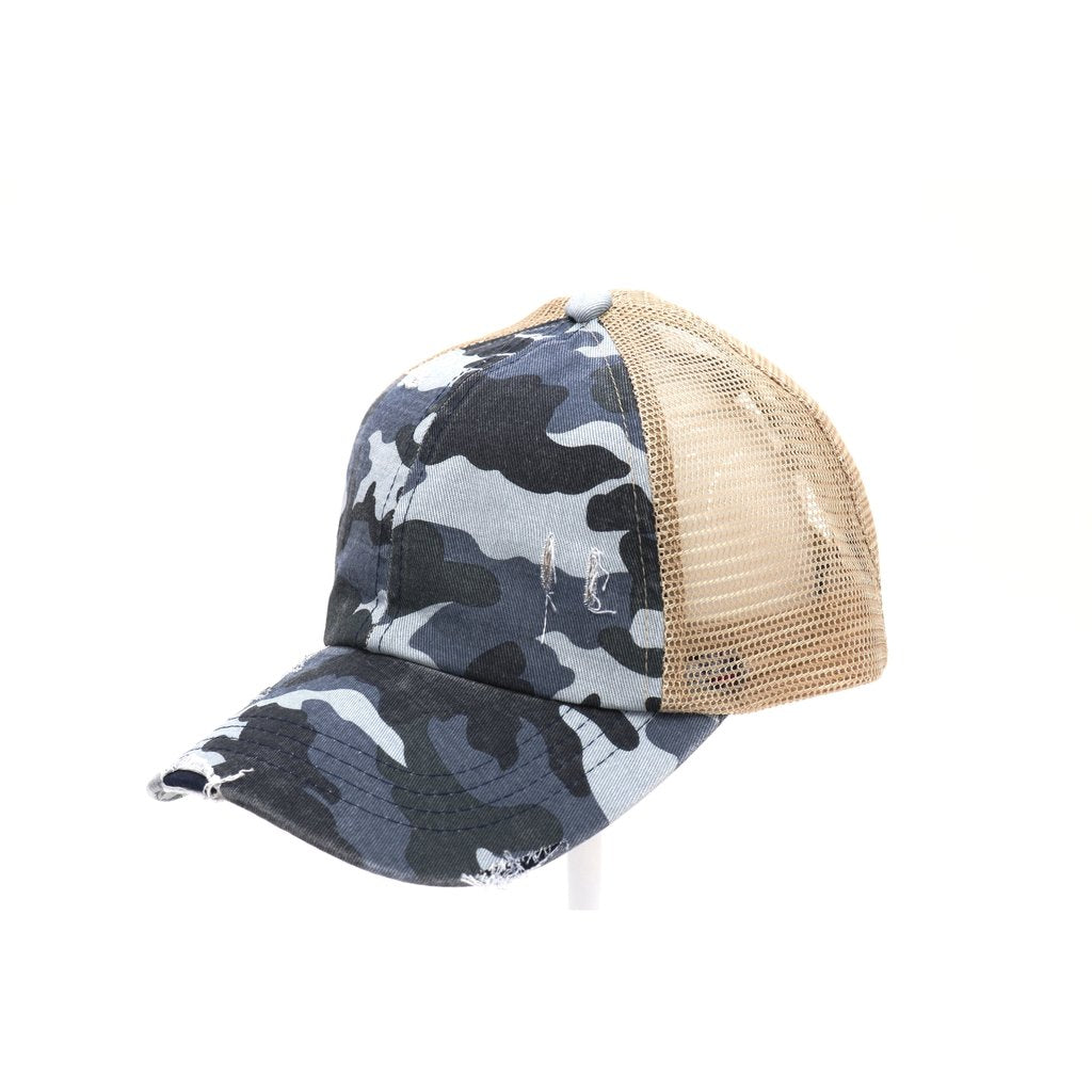 C.C Beanie Distressed Camouflage Criss-Cross High Ponytail