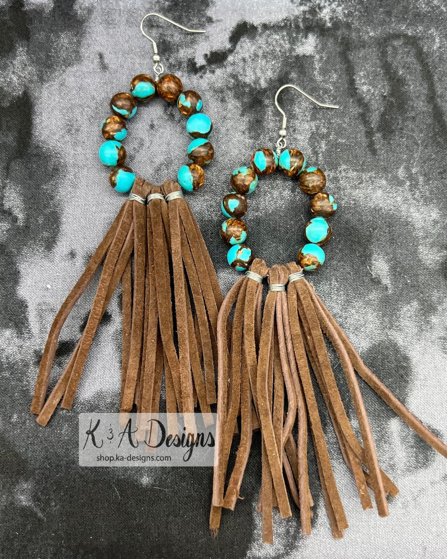 Bead Teardrop and Leather Fringe Earrings